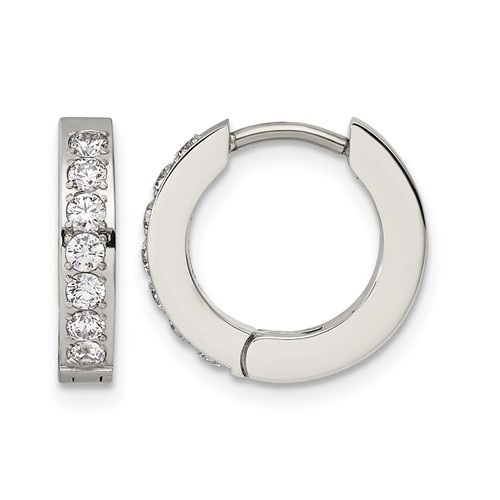 Chisel Stainless Steel Polished Earrings with 1 Row of CZ 2.3mm Hinged Hoop