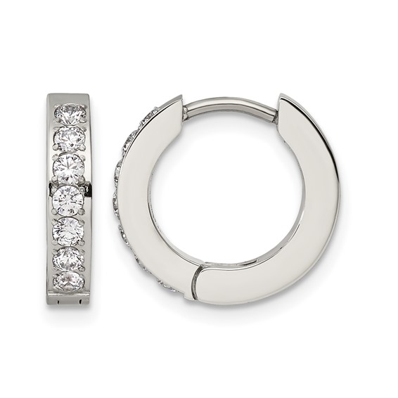 Chisel Stainless Steel Polished with 1 Row of CZ 2.3mm Hinged Hoop Earrings