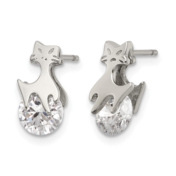 Chisel Stainless Steel Polished Cat with CZ Post Earrings