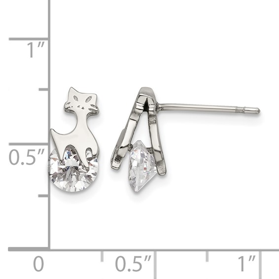 Chisel Stainless Steel Polished Cat with CZ Post Earrings