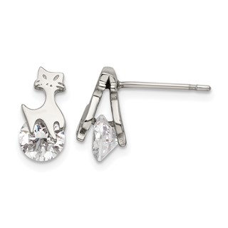 Chisel Stainless Steel Polished Cat with CZ Post Earrings