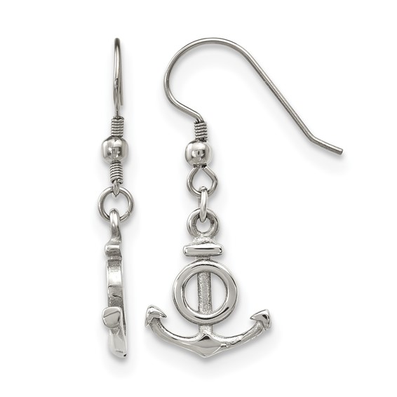 Stainless Steel Polished Anchor Dangle Shepherd Hook Earrings