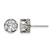 Chisel Stainless Steel Antiqued and Polished CZ Crown Post Earrings view 1