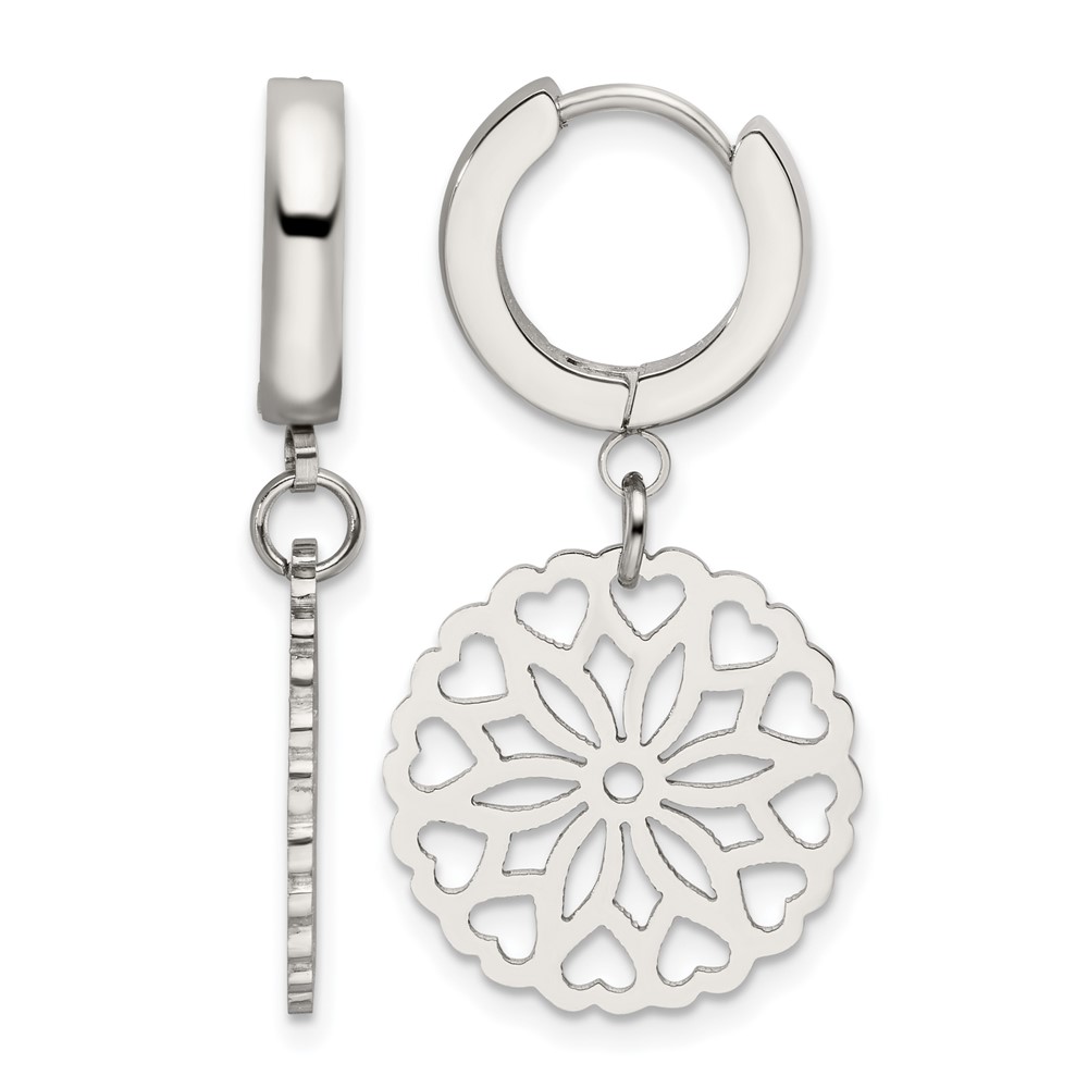 Chisel Stainless Steel Polished Flower Dangle Hinged Hoop Earrings