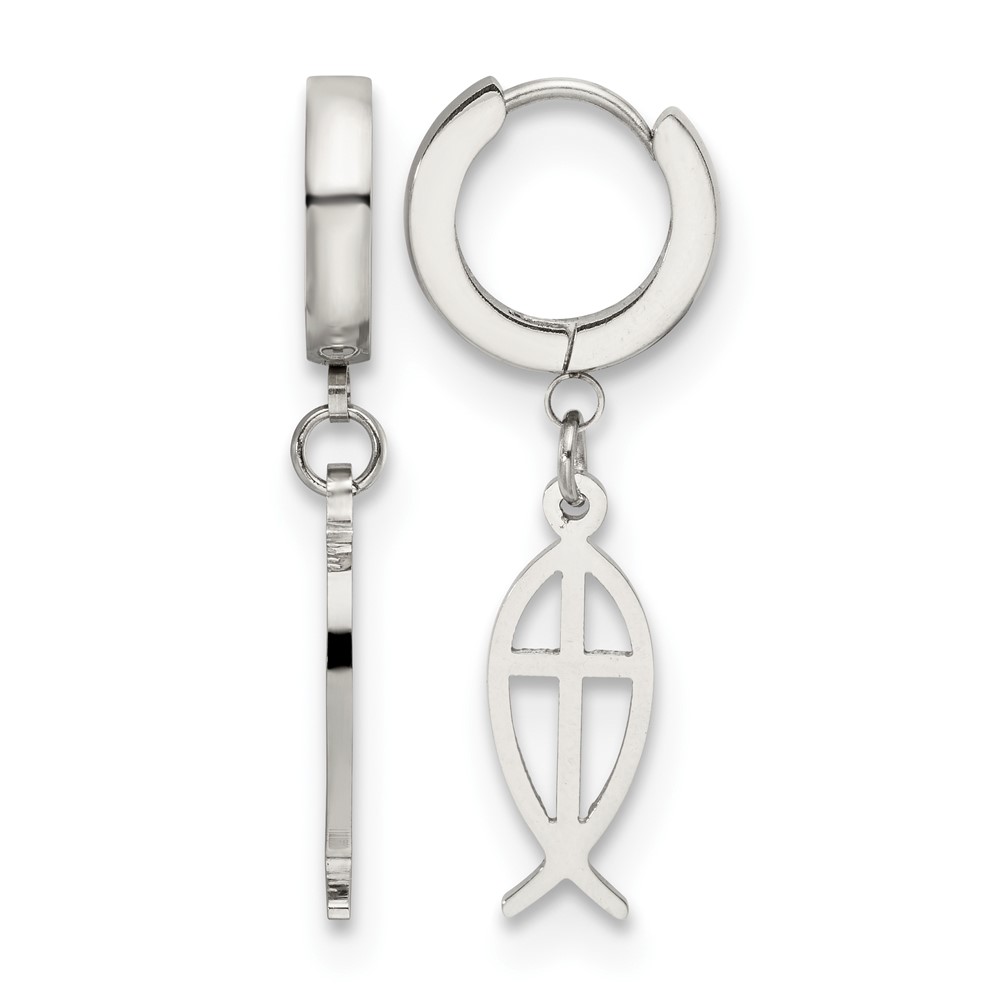 Chisel Stainless Steel Polished Ichthus Hinged Hoop Dangle Earrings