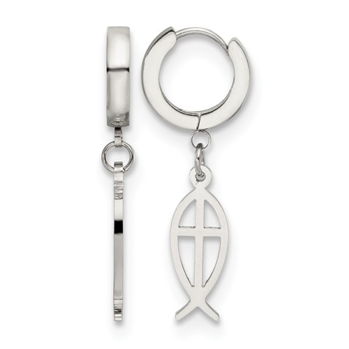 Chisel Stainless Steel Polished Ichthus Hinged Hoop Dangle Earrings