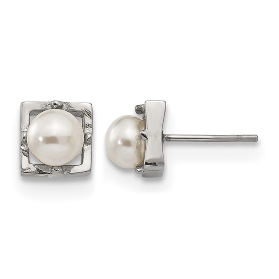 Chisel Stainless Steel Polished Simulated Pearl Square Post Earrings