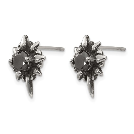 Chisel Stainless Steel Antiqued and Polished with Black CZ Post Earrings