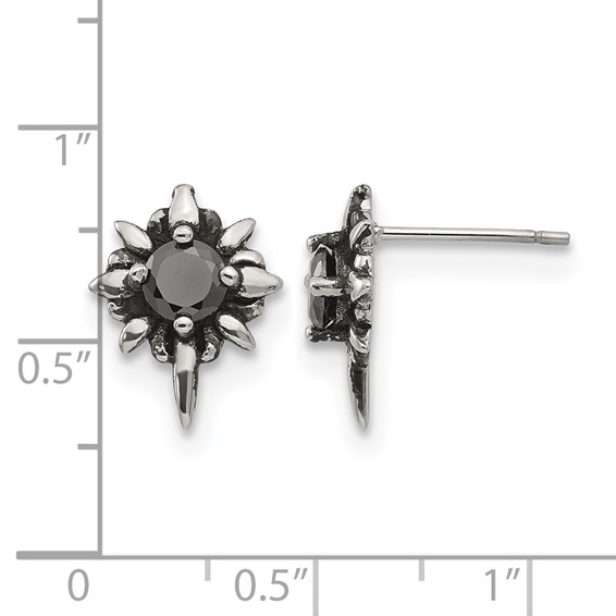 Chisel Stainless Steel Antiqued and Polished with Black CZ Post Earrings