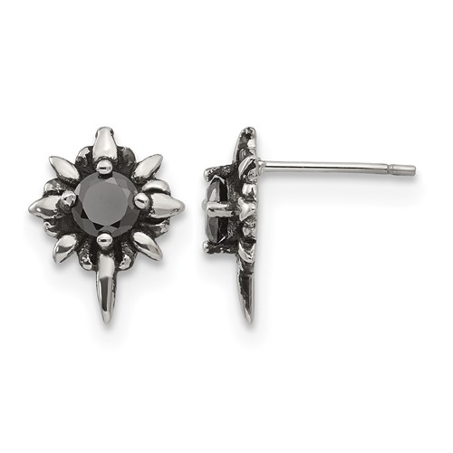 Chisel Stainless Steel Antiqued and Polished Earrings with Black CZ Post