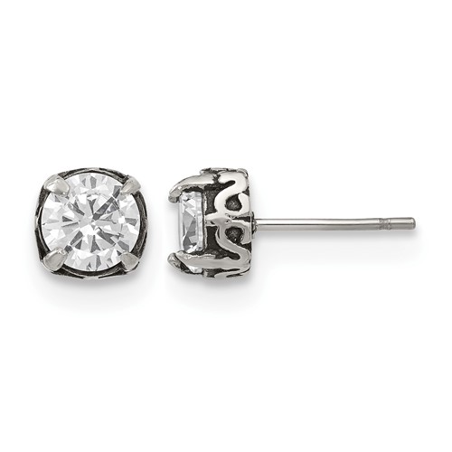 Chisel Stainless Steel Antiqued and Polished CZ Post Earrings