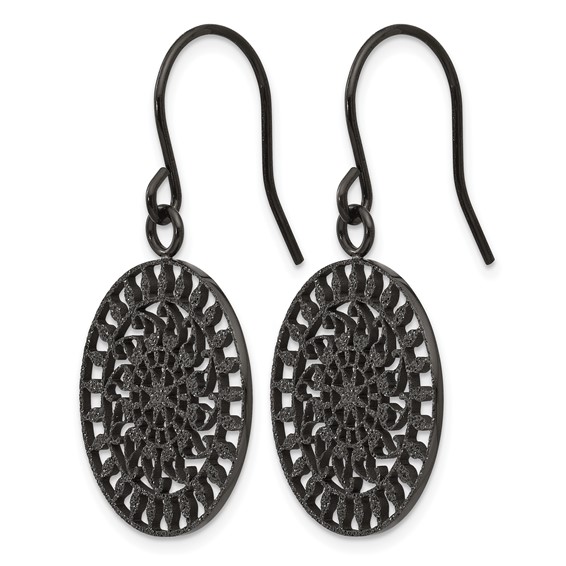 Stainless Steel Polished Black IP-plated Laser Cut Shepherd Hook Earrings
