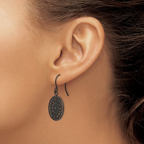 Stainless Steel Polished Black IP-plated Laser Cut Shepherd Hook Earrings