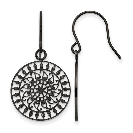 Stainless Steel Polished Black IP-plated Laser Cut Shepherd Hook Earrings