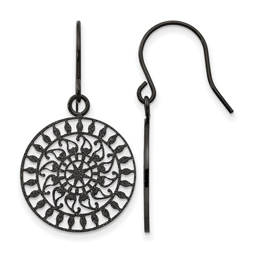 Stainless Steel Polished Black IP-plated Laser Cut Shepherd Hook Earrings