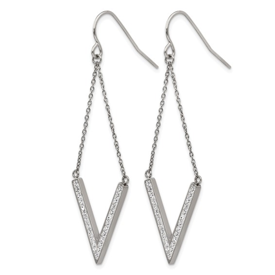 Chisel Stainless Steel Polished with Preciosa Crystal V-shape Dangle Shepherd Hook Earrings