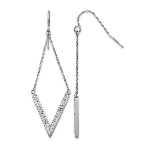 Chisel Stainless Steel Polished with Preciosa Crystal V-shape Dangle Shepherd Hook Earrings
