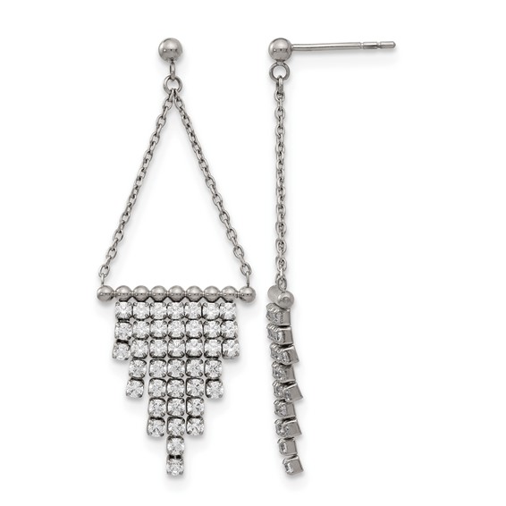 Stainless Steel Polished CZ Dangle Post Earrings