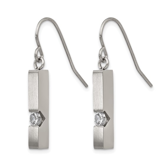 Chisel Stainless Steel Brushed and Polished with CZ Bar Dangle Shepherd Hook Earrings