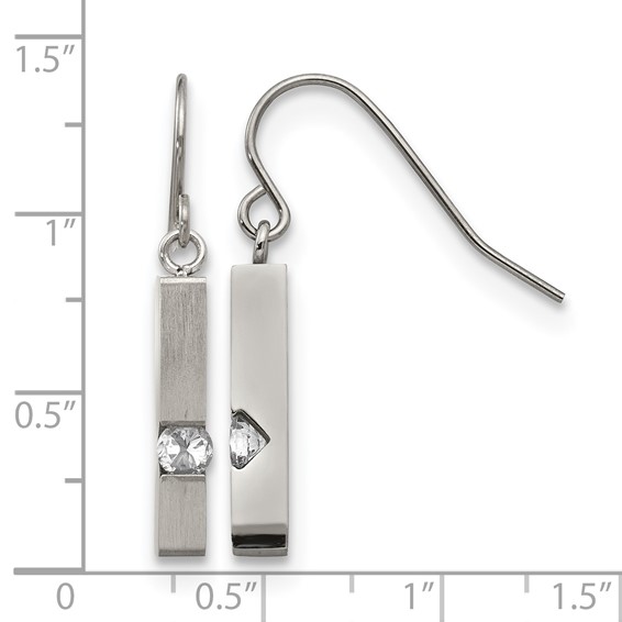 Chisel Stainless Steel Brushed and Polished with CZ Bar Dangle Shepherd Hook Earrings