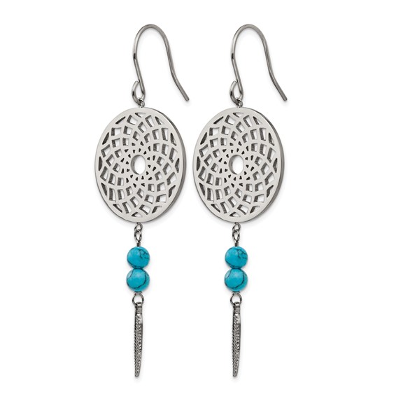 Stainless Steel Polished w/Imit.Turquoise Dreamcatcher Dangle Earrings