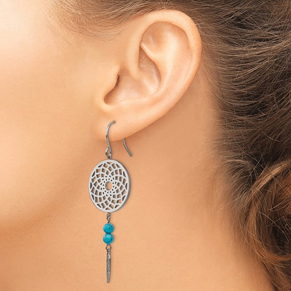 Stainless Steel Polished w/Imit.Turquoise Dreamcatcher Dangle Earrings