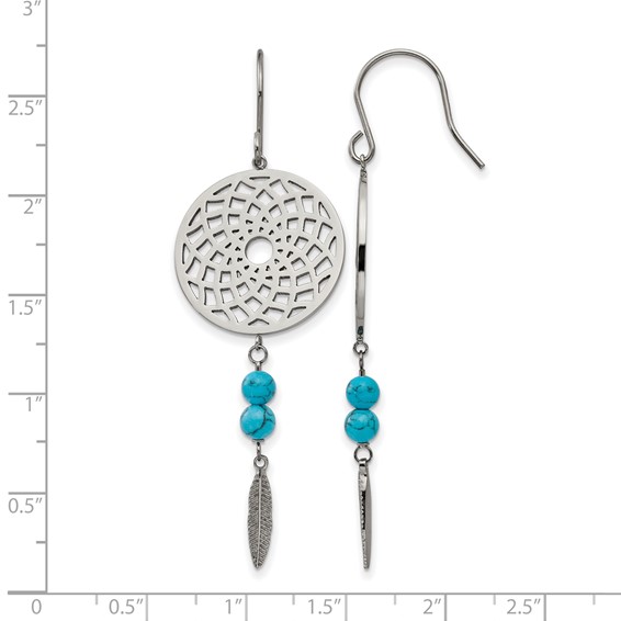 Stainless Steel Polished w/Imit.Turquoise Dreamcatcher Dangle Earrings