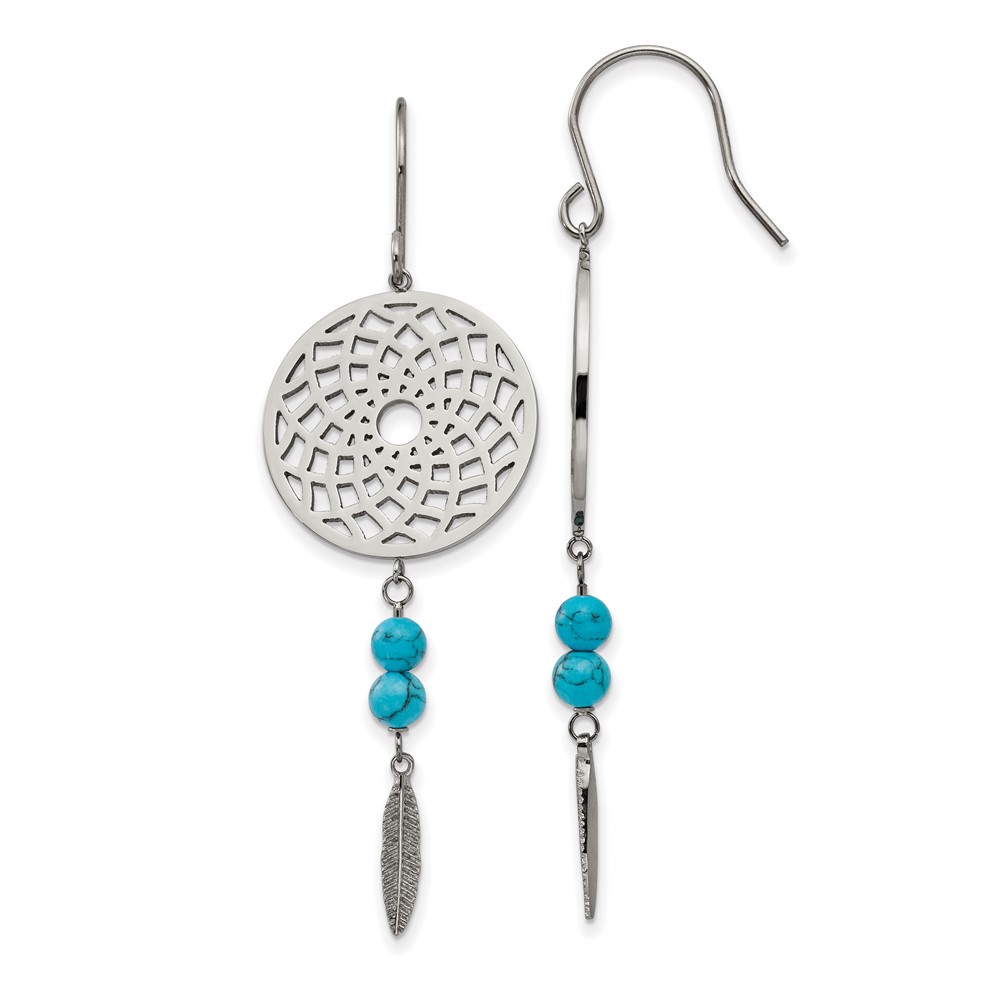 Stainless Steel Polished w/Imit.Turquoise Dreamcatcher Dangle Earrings