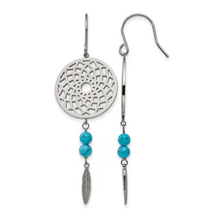 Stainless Steel Polished w/Imit.Turquoise Dreamcatcher Dangle Earrings