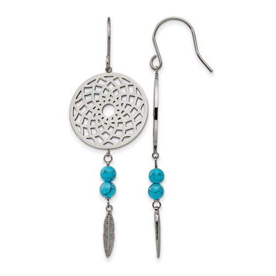Stainless Steel Polished w/Imit.Turquoise Dreamcatcher Dangle Earrings