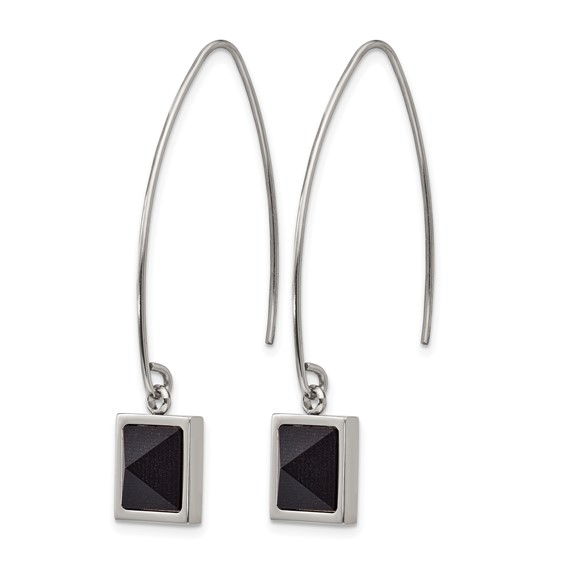 Stainless Steel Polished w/Blk Carbon Fiber Dangle Shepherd Hook Earrings