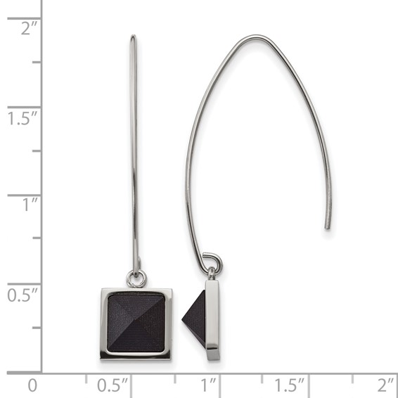 Stainless Steel Polished w/Blk Carbon Fiber Dangle Shepherd Hook Earrings