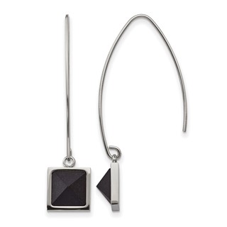 Stainless Steel Polished w/Blk Carbon Fiber Dangle Shepherd Hook Earrings