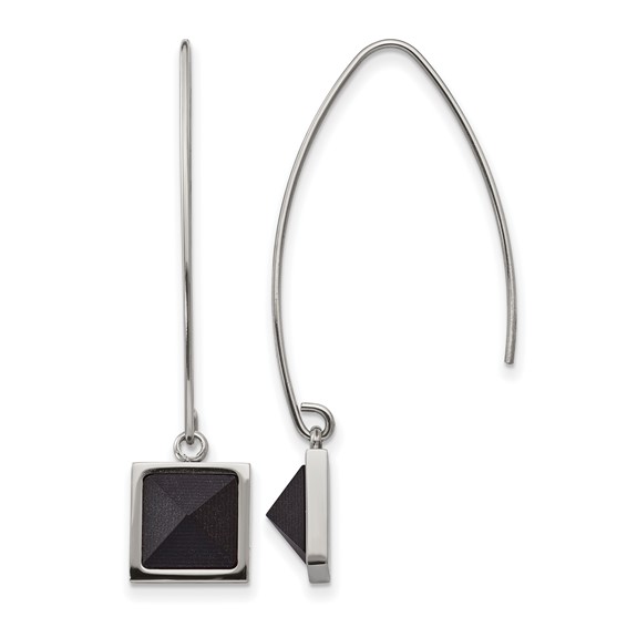 Stainless Steel Polished w/Blk Carbon Fiber Dangle Shepherd Hook Earrings