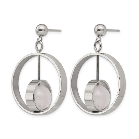 Stainless Steel Polished with Rose Quartz Moveable Post Dangle Earrings