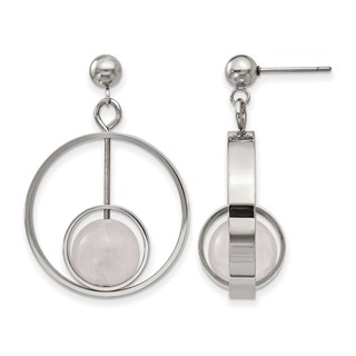Stainless Steel Polished with Rose Quartz Moveable Post Dangle Earrings