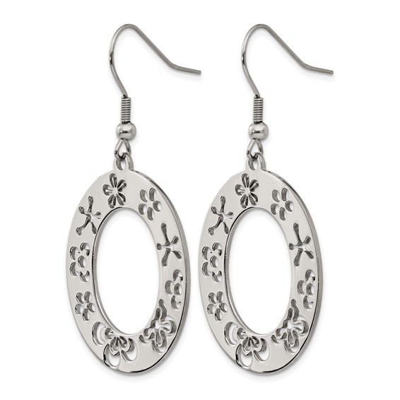 Stainless Steel Polished Flower Cut Out Shepherd Hook Earrings