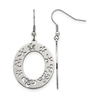 Stainless Steel Polished Flower Cut Out Shepherd Hook Earrings