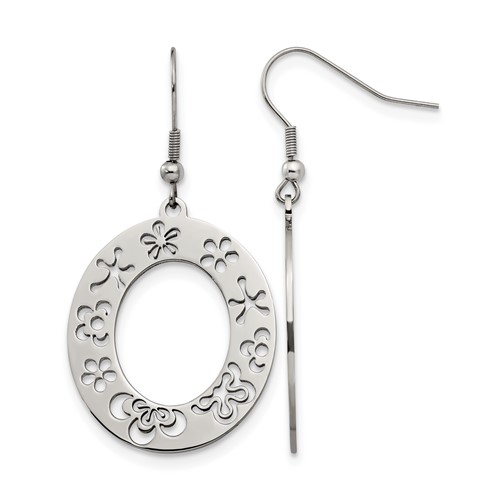 Stainless Steel Polished Flower Cut Out Shepherd Hook Earrings