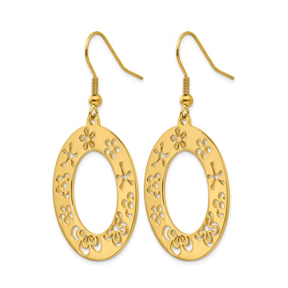 Stainless Steel Polished Yellow IP Flower Cutout Shepherd Hook Earrings