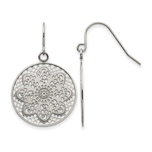 Chisel Stainless Steel Polished Cut-out Flower Dangle Shepherd Hook Earrings
