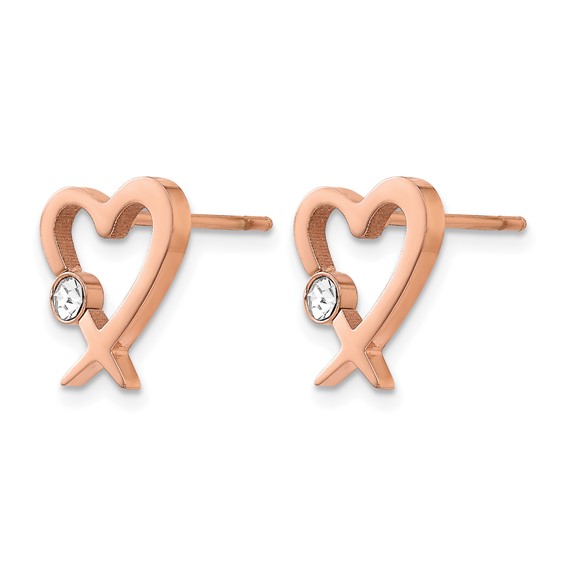 Chisel Stainless Steel Polished Rose IP-plated with Crystal Heart Post Earrings