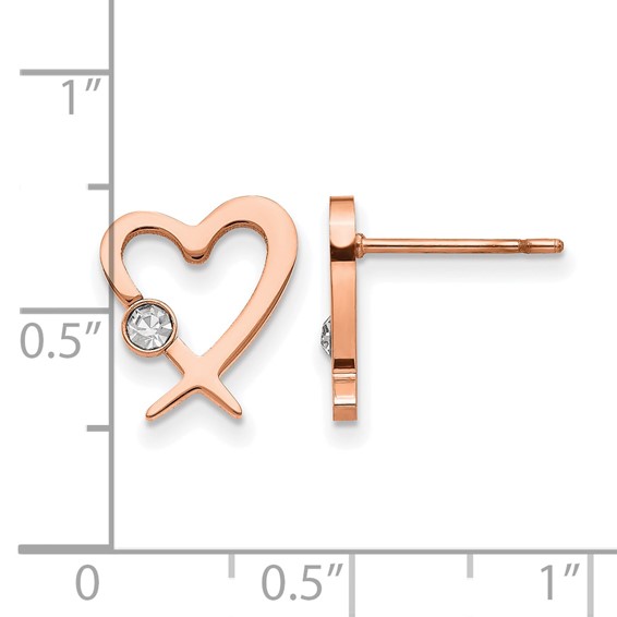 Chisel Stainless Steel Polished Rose IP-plated with Crystal Heart Post Earrings