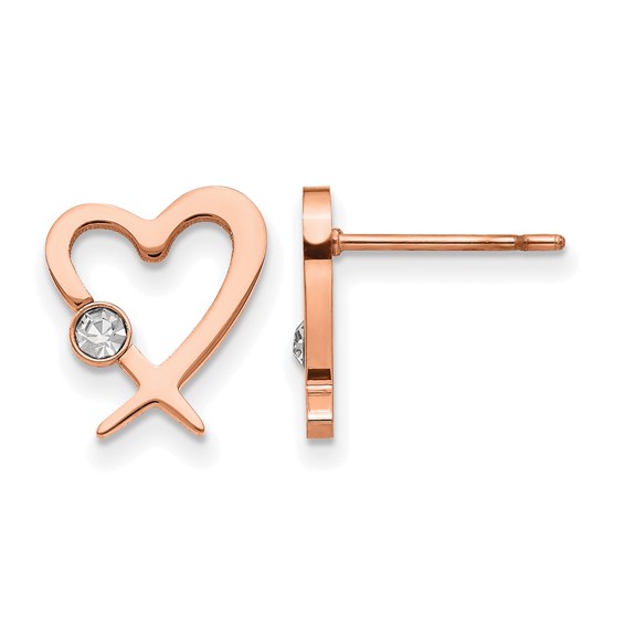 Chisel Stainless Steel Polished Rose IP-plated with Crystal Heart Post Earrings