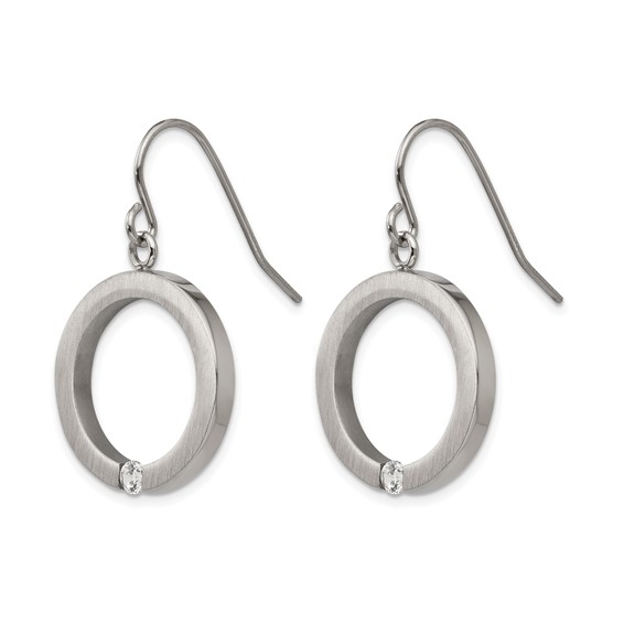 Stainless Steel Brushed and Polished w/CZ Circle Shepherd Hook Earrings