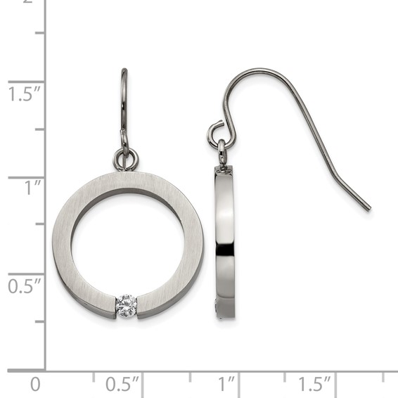 Stainless Steel Brushed and Polished w/CZ Circle Shepherd Hook Earrings