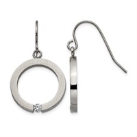 Stainless Steel Brushed and Polished Earrings with CZ Circle Shepherd Hook view 1
