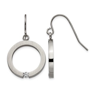 Stainless Steel Brushed and Polished w/CZ Circle Shepherd Hook Earrings