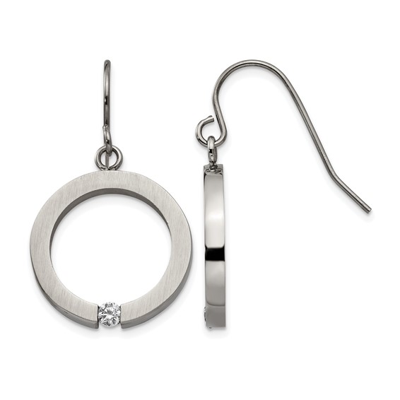 Stainless Steel Brushed and Polished w/CZ Circle Shepherd Hook Earrings