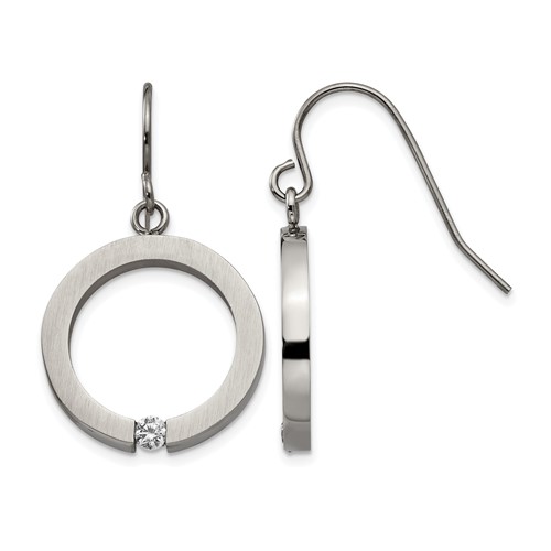 Stainless Steel Brushed and Polished Earrings with CZ Circle Shepherd Hook